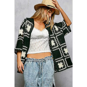 POL Button Down Openwork Floral Crochet Shirt with Granny Square Pattern